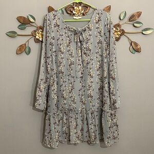 Entro Blue Gray Leaf Print Ruffle Hem Dress Size Small